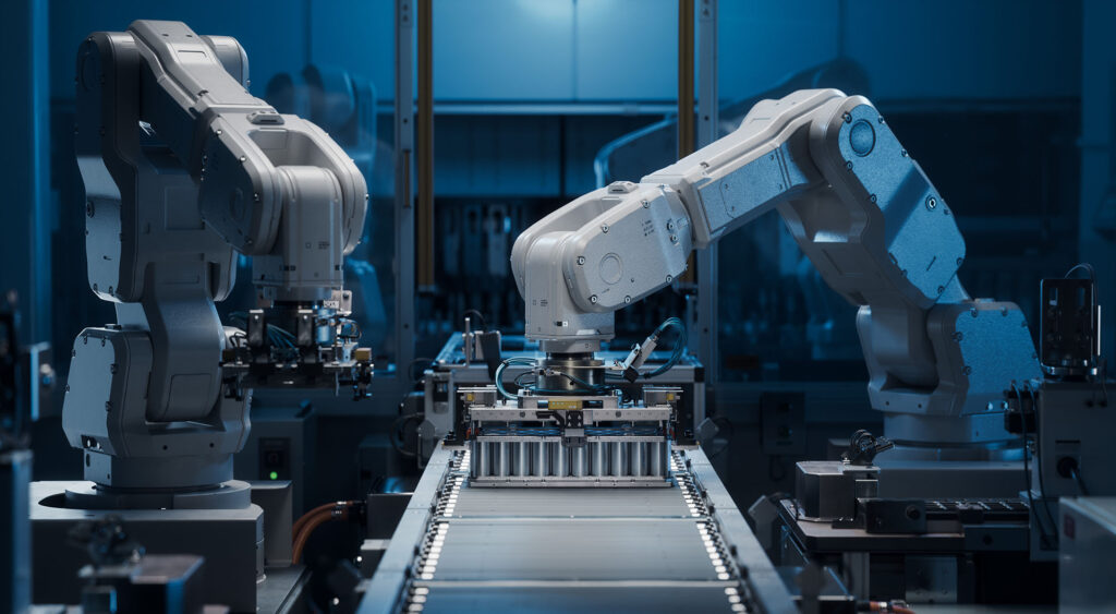 White configurable, robotic fixture arm working on battery production.